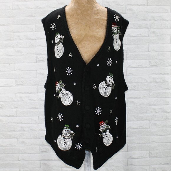 VICTORIA JONES WOMAN Vest Snowmen Pearls Christmas Holiday Black Plus Size 1X - Picture 1 of 13